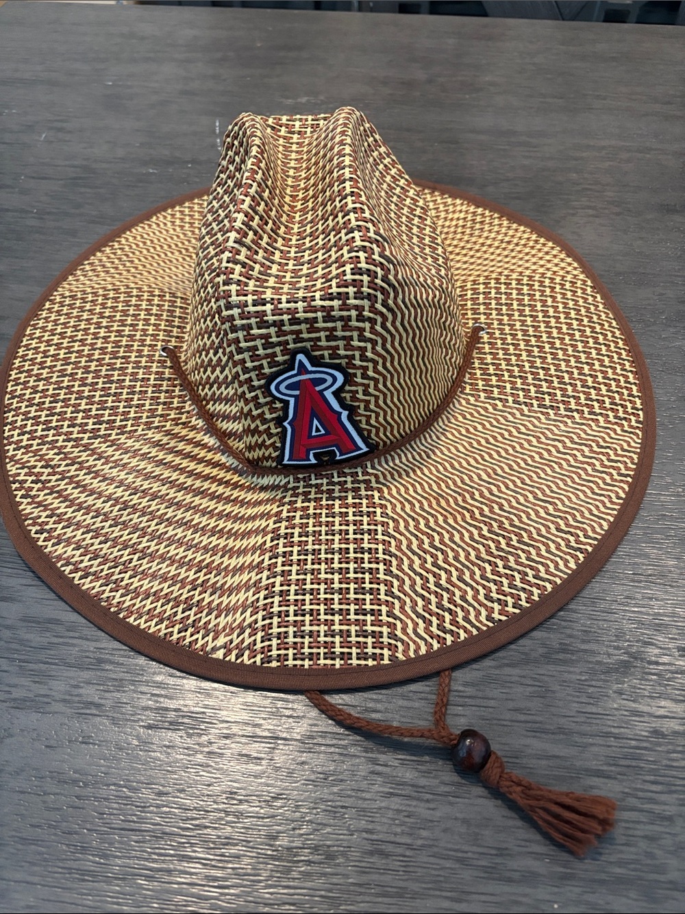 Angel Baseball Wide-Brim Straw Hat with Red 'A' Patch - Brown/Beige